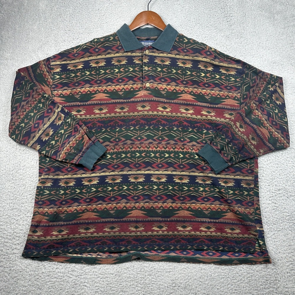 Bridgewater Aztec Tribal Vintage 80s Polo Shirt Mens 3XL Multicolor Long Sleeve